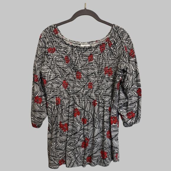 J. Jill Women’s Babydoll Boho Smocked 3/4 Sleeve Stretchy Black Red White Size M - Picture 11 of 11